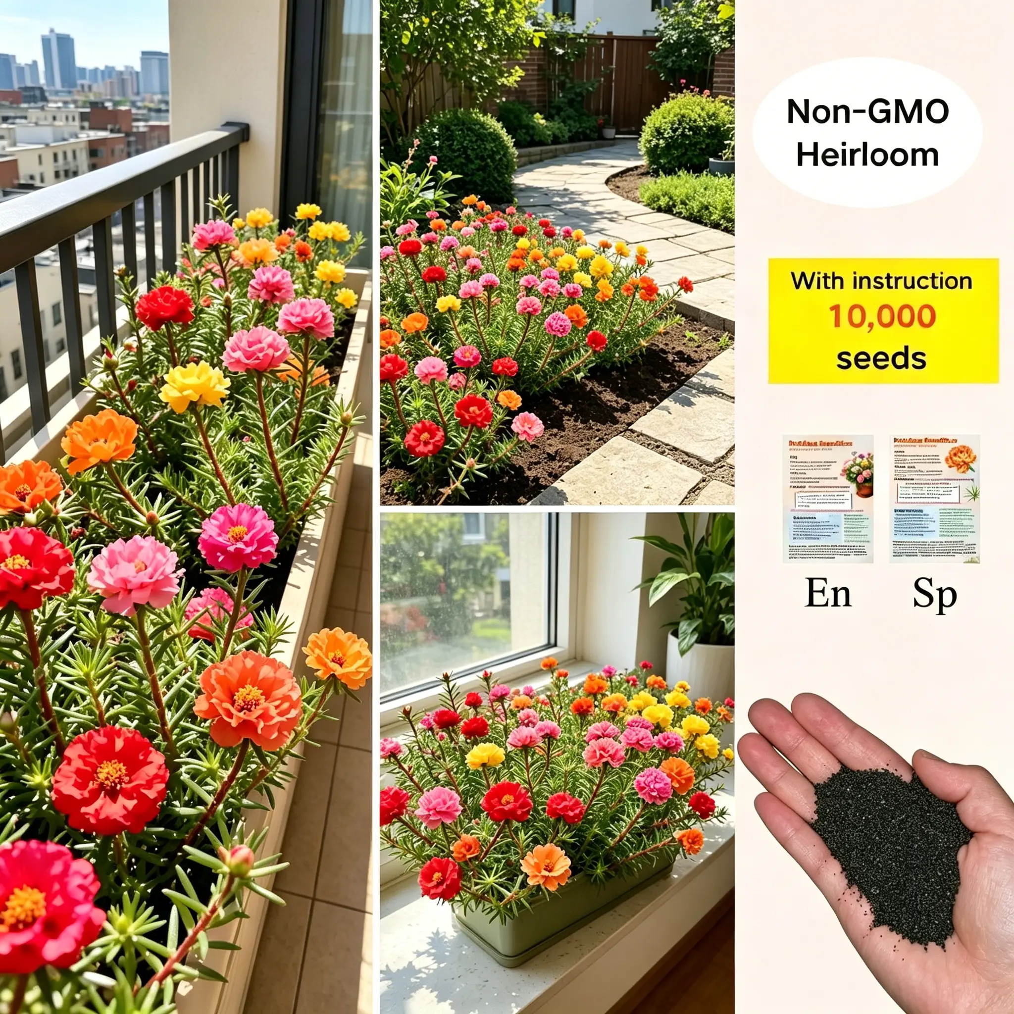 【SummerVibes】10,000 Portulaca Seeds - Double-flowereعن Moss Rose Annual Perennial Flower Seeds for Planting Outdoors Non GMO Mixed Colors Large Blooms Attract Pollinators Easy to Grow All Seasons