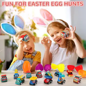 12-piece Easter egg set, including a toy construction vehicle with reverse gear, plastic construction vehicle eggs, basket fillers and egg hunt games for kids, small gifts for classroom parties, track toy sets, die-cast model cars, and giant toy cars Fami