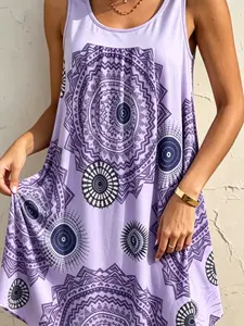 Women's Elegant Sleeveless A-line Geometric Print Dress - Round Neckline, Knee-High, Loose Fit, 95% Polyester 5% Elastane Fabric, Knit, Lace, Machine Washable, Casual Wear, Semi-Formal, All Seasons