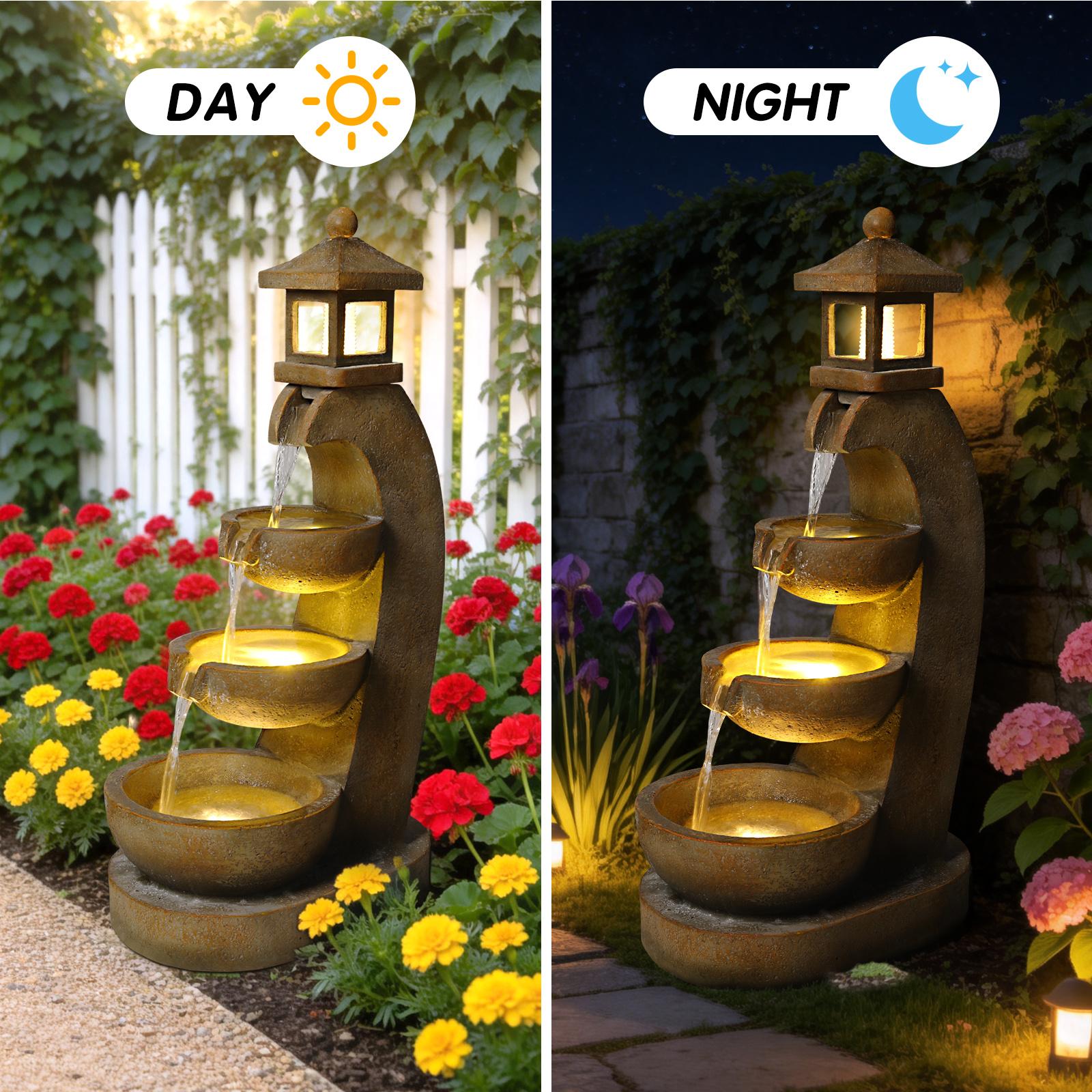 Eyisean 35.4" H Resin Outdoor Water Fountain, All-Weather Freestanding Pagoda Water Feature with LED, 3 Tier Bowl Cascading Lantern Style Garden Fountain for Porch, Home Decor Ideal Gift