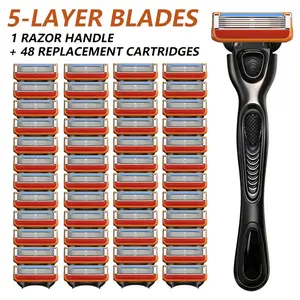 Men's Manual Razor Set, 1 Handle with 12-48 Replacement Blades, Sharp Durable, Easy to Clean, Facial Shaving Tool for Men