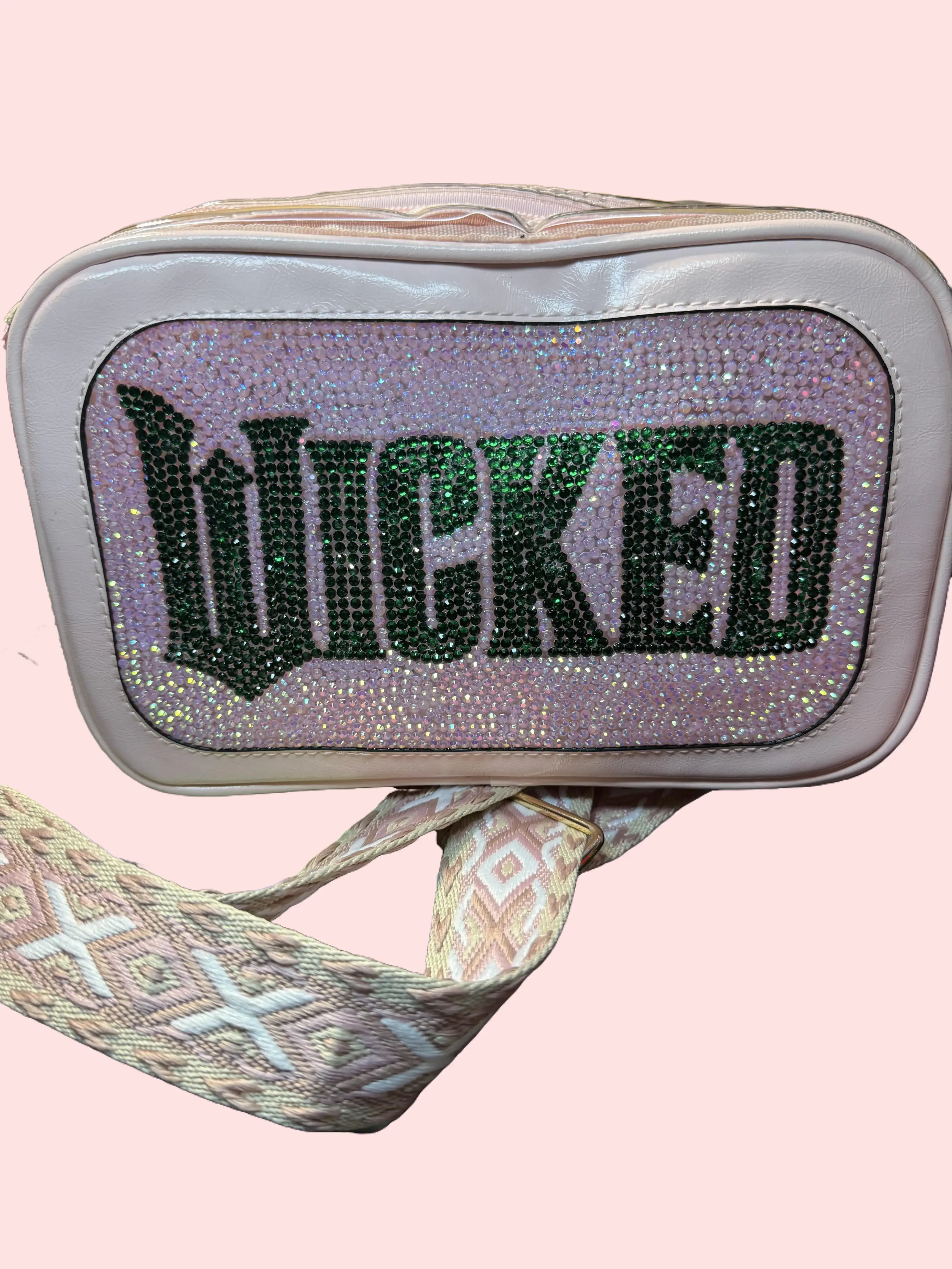 Custom Hand Rhinestoned Wicked Crossbody Bag | For Good & Changed | Pink & Green Sparkle Purse I