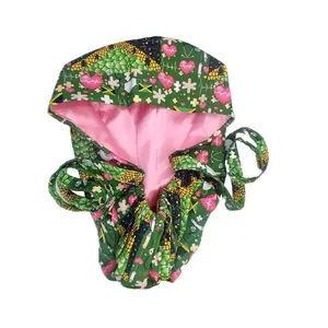 Jamaican Themed Satin Lined Nurse Cap with Green Floral Print and Pink Lining