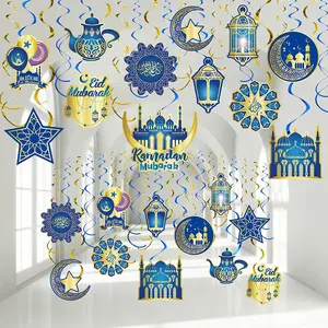 30 Pieces Ramadan Mubarak Decorations, Eid Mubarak Hanging Swirl Shining Gold Star Moon Lantern Ceiling Foil Decor for Eid Al-Fitr Party Egyptian Holiday Decorations Supplies (Blue and Gold) Zonon