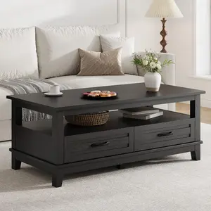 Garvee Farmhouse Coffee Table with Drawers, 47.2" Rustic Center Table Featuring Open Shelf and 6 Support Legs, Available in Black and Walnut, Large Living Room Storage Table