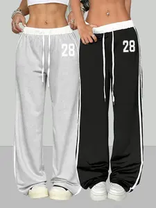 Two-Piece Women's Casual Spring/summer Digital Print Belt Patchwork Sporty Street Retro Style Lazy Sports Pants Athleisure Sweatpants