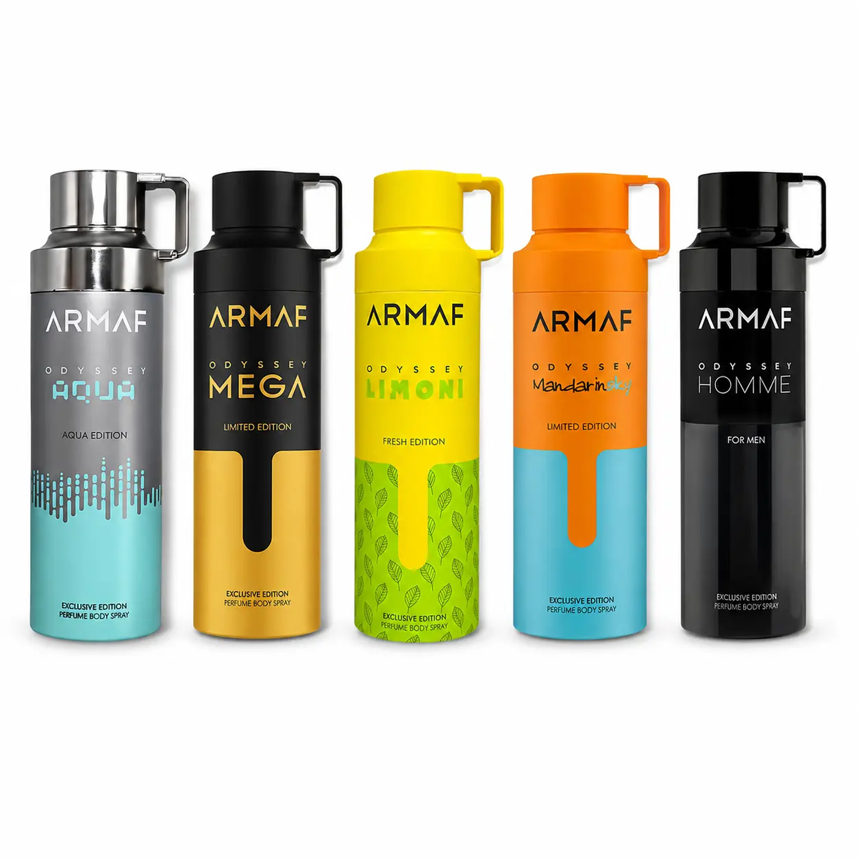 Armaf Odyssey 5-Piece Body Spray Bundle | Mandarin Sky + Aqua + Limoni + Mega + Odyssey Homme | 200ml - 6.8 oz Each | Eau de Parfum | Lemon, Citrus, Fruity