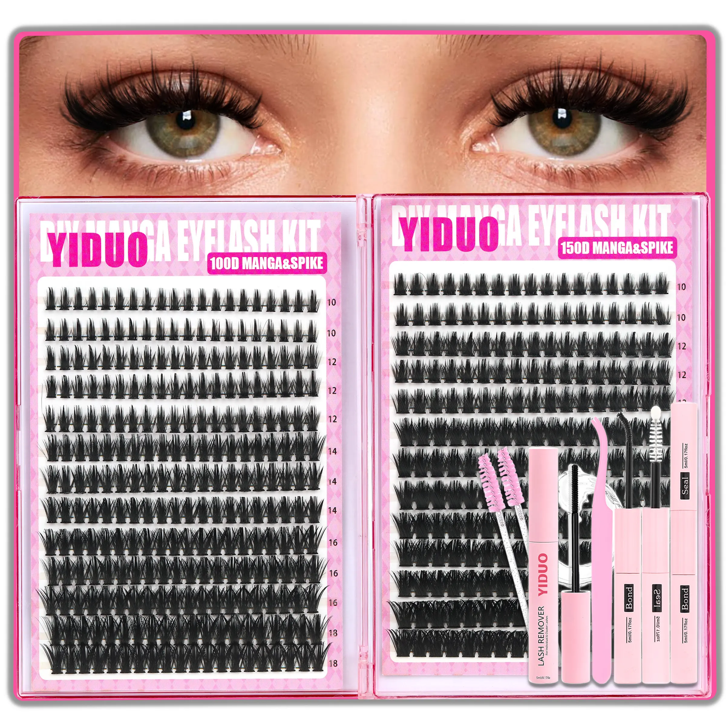 YIDUO Eyelash Cluster Kit 100D Manga&Spike and 150D Manga&Spike Wispy Lash Extensions Kit,  D-Curl 468 Pcs Eyelash Cluster Kit With Lash Bond and Seal Tweezers Remover Eyelash Brush DIY at Home Easily Eyelash Set