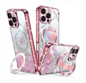 XYZ for iPhone 15/16 Pro Case with Soft Silicone Grip and O-Ring Stand Compatible with Magsafe, Women Girls Bling Sparkly Protective Phone Case Cover, Glitter Rose Gold