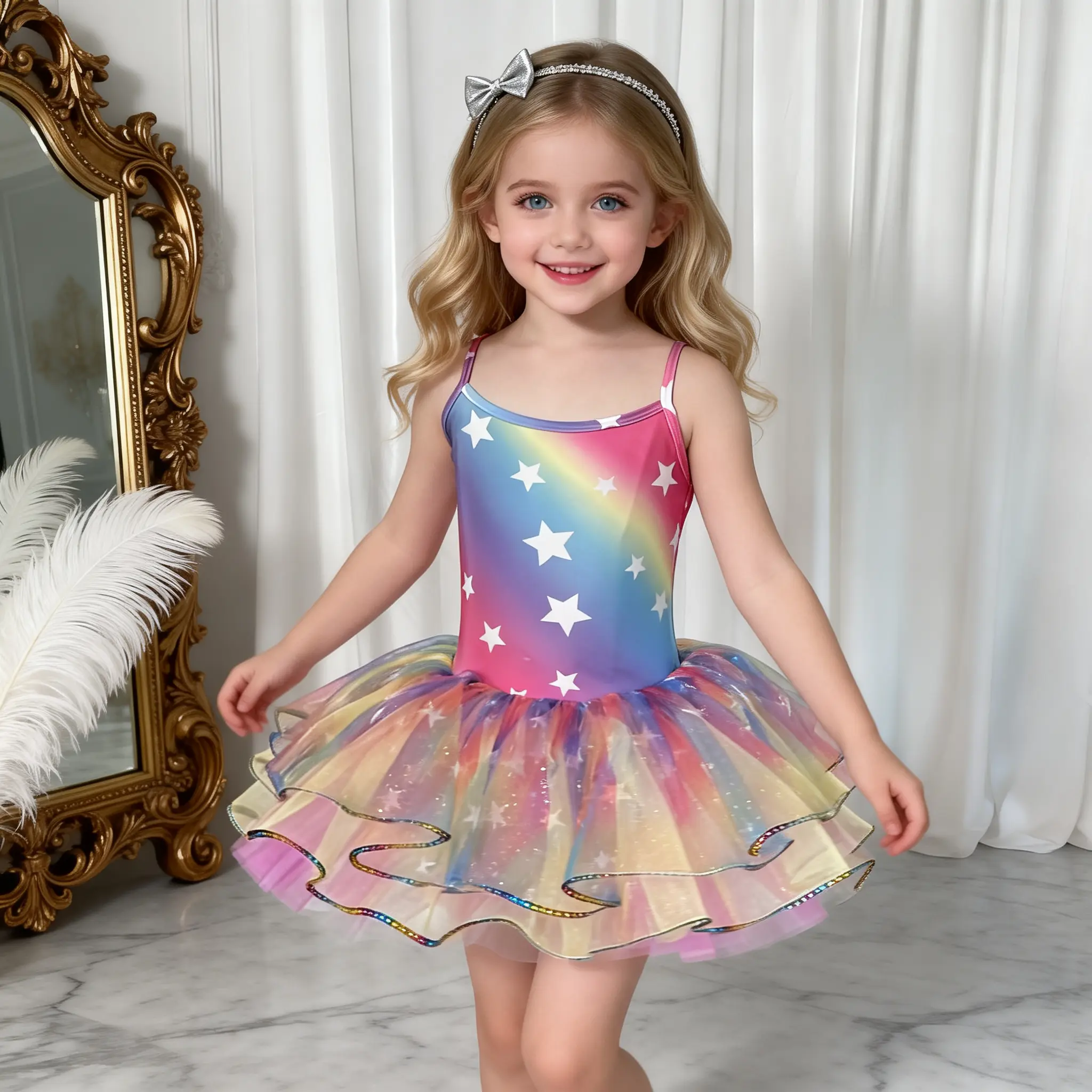 Rainbow Star Tutu Leotard for Little Girls - Sleeveless Balletcore Dance Dress, Kids Sparkly Tulle Outfit for Dance,Parties & Photoshoots