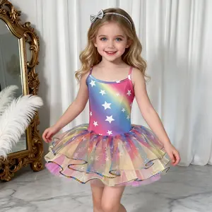 Rainbow Star Tutu Leotard for Little Girls - Sleeveless Balletcore Dance Dress, Kids Sparkly Tulle Outfit for Dance,Parties & Photoshoots
