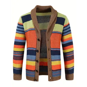 Men's Colorful Striped Cardigan Sweater VM487146 Casual Button-Up Knit Jacket with Stand Collar Machine Washable Vibrant Design Long Sleeve Multicolor