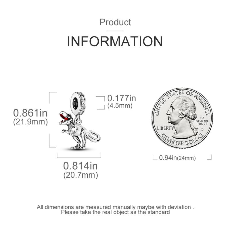 MULA 925 Sterling Silver Roaring Tyrannosaurus Rex Charm | Red Enamel and Zircon Dinosaur Beads | Fierce Jurassic Jewelry | Perfect for Pandora Bracelets and Necklaces | Perfect Gift for Dinosaur Lovers