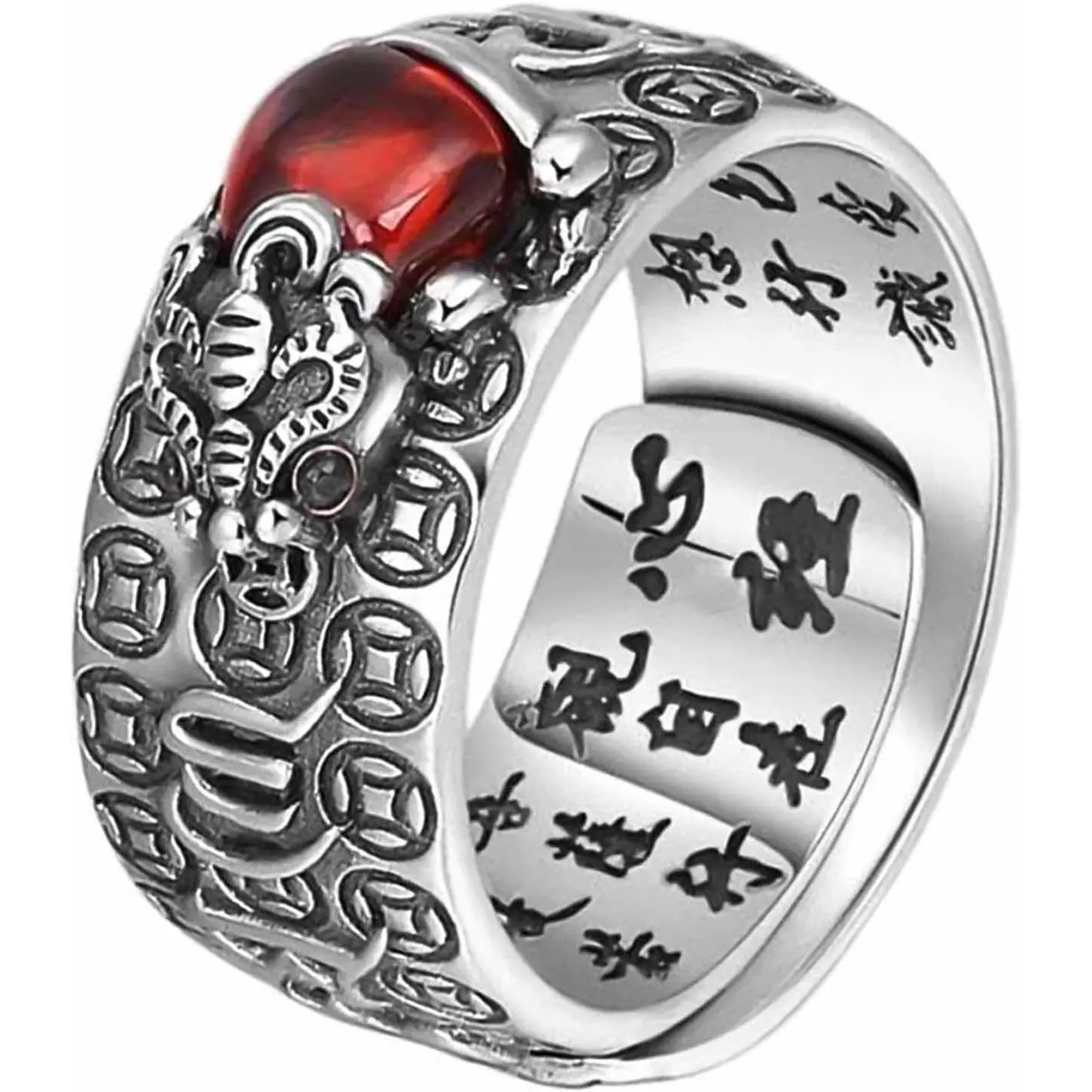 HETICA Feng Shui Pixiu Mantra Amulet Lucky Red Garnet Adjustable Ring Buddhist Good Luck Mantra Ring Jewelry Gift