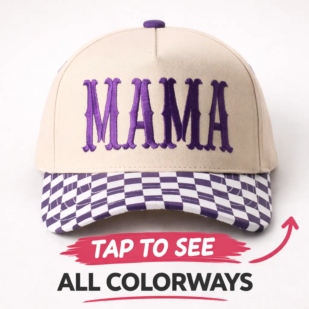 MAMA Embroidered Purple Checkered Brim Trucker Hat for Women