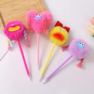 1/4Pcs Cute Cartoon Plush Ball Pen with Braided Hair and Pom-Pom Top - Soft and Fluffy Eraser, Mixed Colors (Pink/Yellow/Purple) - Must-Have Stationery for Students Back to School, Fun Writing Gifts, Student Stationery, Creative Stationery