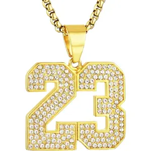 18K Gold Plated Cubic Zirconia Number 23 Basketball Pendant Necklace for Men and Women, with Stainless Steel Box Link Chain 22 + 2 Inch