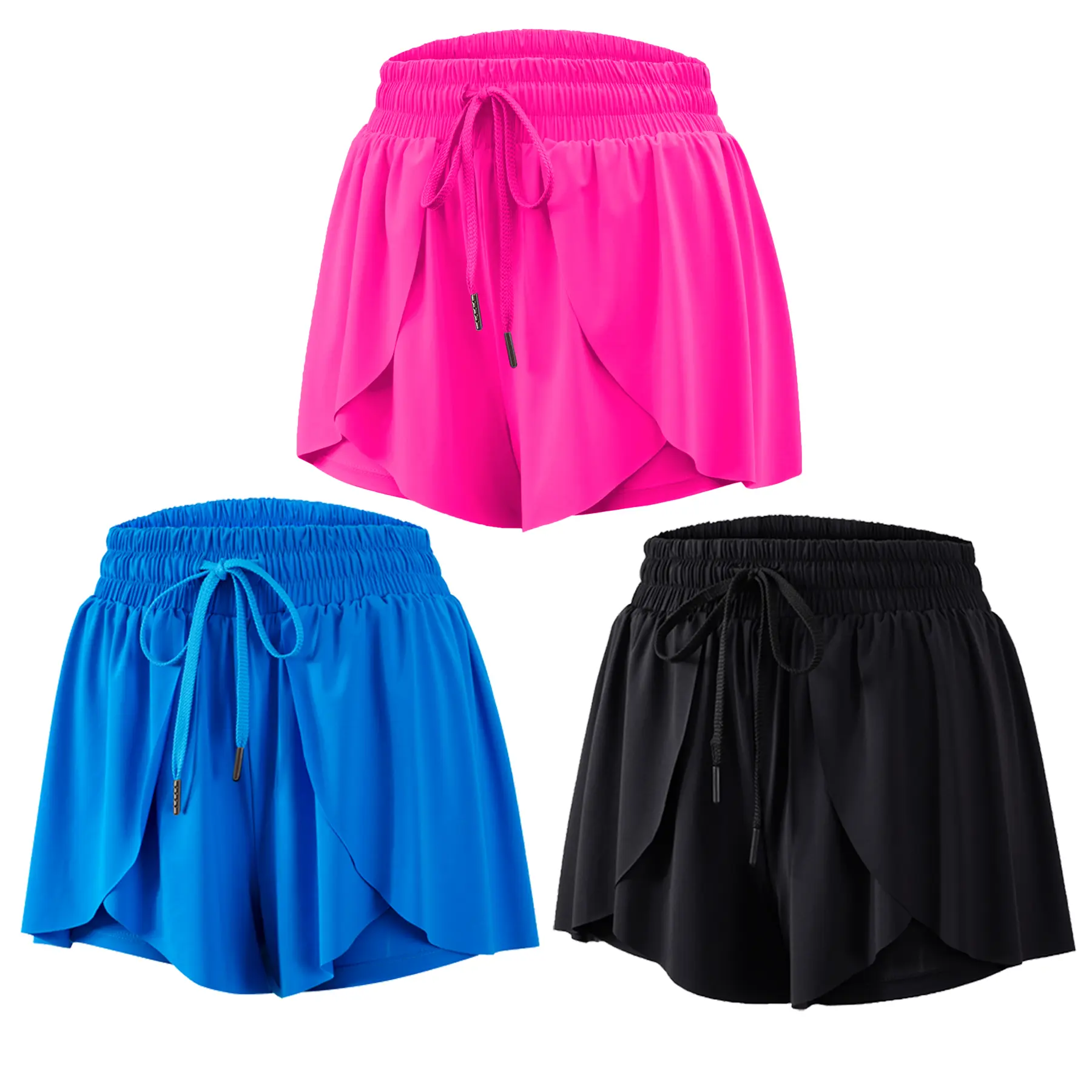3 Pack Women's 2-in-1 Flowy Running Shorts, High Waist Elastic Drawstring Skorts with Pockets, Athletic Tennis Yoga Skirts for Gym Workout Casual Summer
