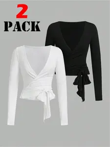 Winter Yoga Fitness, Gym Yoga Clothing, Elastic Soft V-Neck Long Sleeve Slim Fit T-Shirt Set, Open Front Tie Waist Wrap Top Two-Piece