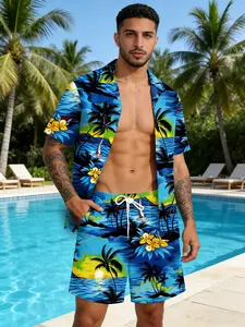 Men's Hawaiian Tropical Style Shirt and Drawstring Shorts Set, Soft Skin-Friendly Fabric for Vacation and Casual Wear, Available in Multiple Sizes