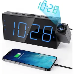 Suitable for Bedroom Projection Alarm Clock, LED Digital Display on Ceiling or Wall, with USB Phone Charging Function, Battery Backup, 180° Rotating Projector and Dimmer, 12/24 Hourght Saving Time, Snooze Function, Dual Speaker Bedside Heavy Sleep Device