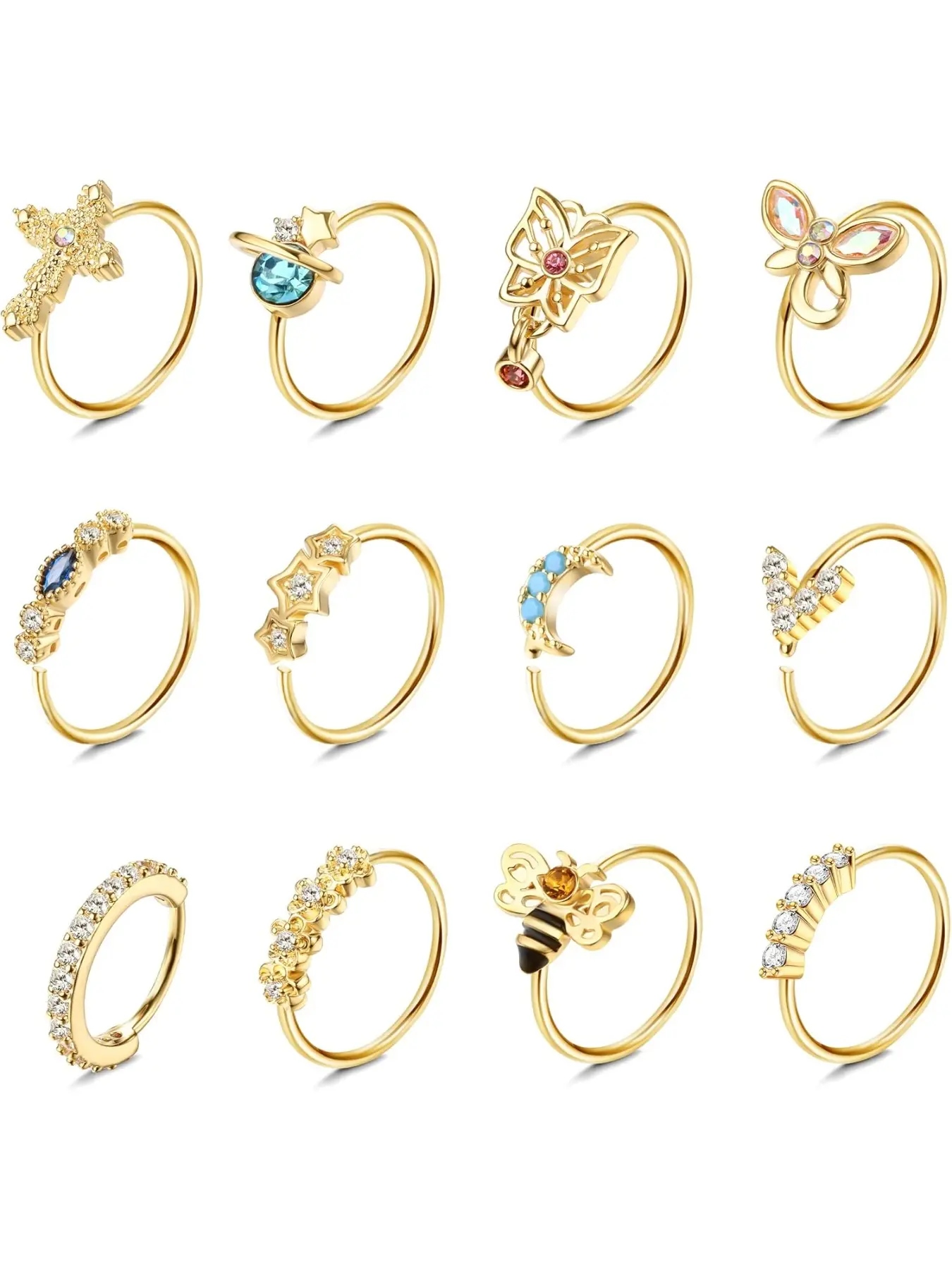 12pcs Nose Rings Hoop Set, Septum Ring, 20g Stainless Steel Nose Piercing Jewelry, Dangle Design, Dangly Nose Ring for Women & Girls, Cartilage Earring Accessories