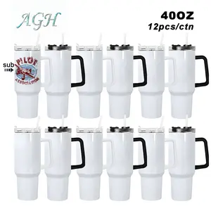 AGH 12pcs 40 oz Sublimation Handle Tumblers Stainless Steel Car Mugs with Black/White Handle & Lids for Crafty DIY Gifts Drinkware  Water Bottles