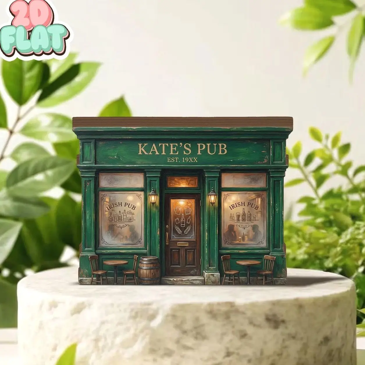 Personalized Irish Pub 2D FLAT Wooden Block Decor, Custom Pub Name Shelf Sign, Green Bar Book Nook Style, Irish Home Decor Gift