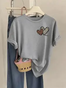 Women's Crew Neck T-Shirt Vintage Leopard Double Hearts Love Print, Multiple Colors Available, High Elasticity, Breathable Skin-Friendly No Sweat, Machine Washable, Casual Versatile Soft Base Top for All Seasons & All Body Types Plus Daily Wear Style