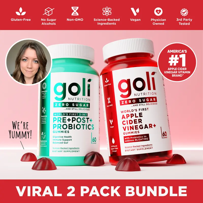 Cassidy’s Clean Gut Combo - Goli Zero Sugar 3-in-1 Pre, Post, Probiotics + Apple Cider Vinegar, World's First. Vegan, Plant Based, Non-GMO, Gluten-Free & Gelatin-Free
