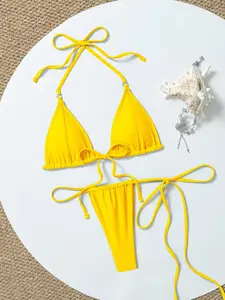 Women's Casual Vacation Fashion Sexy Solid Color Tie String Two-Piece Bikini Swimsuit, Fitted Plain Style, All Seasons, Plain Bikini Set, Bikini Outfits