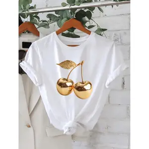 Stylish Golden Cherry Print Crew Neck TShirt for Women Perfect for Summer Casual Wear