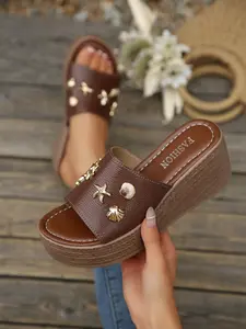 Ocean Wind Metal Decor Slip-On Sandals, Thick Sole Anti-Slip Wedge Slippers, Versatile Casual Women's Shoes, Comfortable Summer Footwear, Classy Elevated Sandals