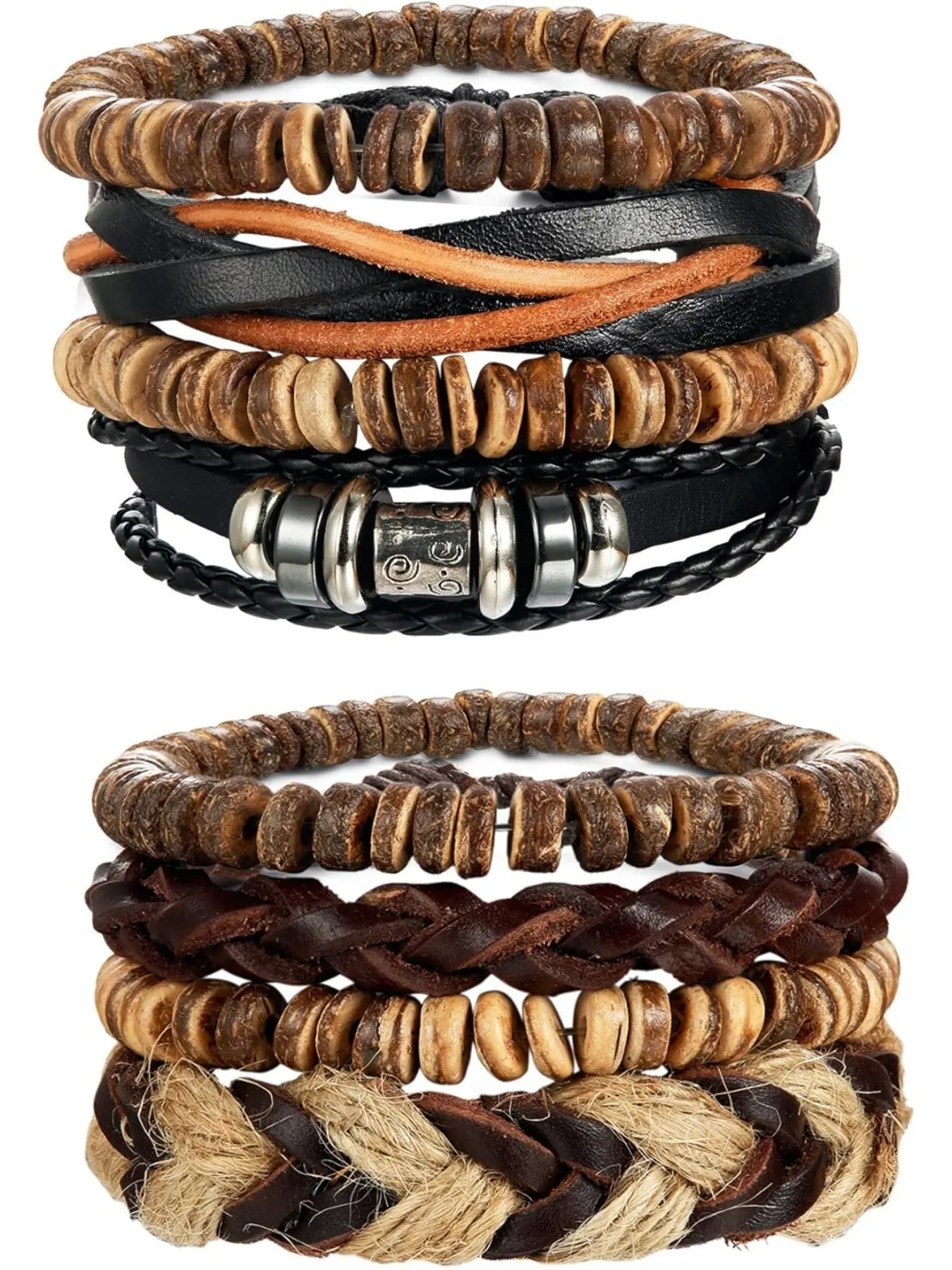 8-34pcs Mens Leather Bracelet Wrap Cuff Bracelets with Hemp Cords Wood Beads Ethnic Tribal Believe Charm Stackable Bracelets Beaded Bracelet Sets