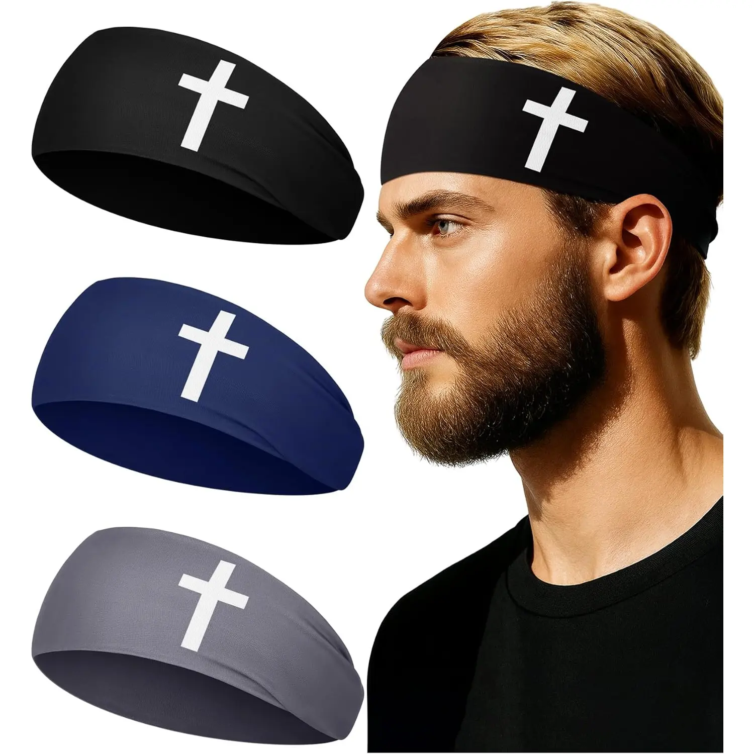 3 Pack Christian Headbands for Men Jesus Cross Athletic Sweatbands Moisture Wicking Sports Hair Bands for Football Baseball Basketball Running Training