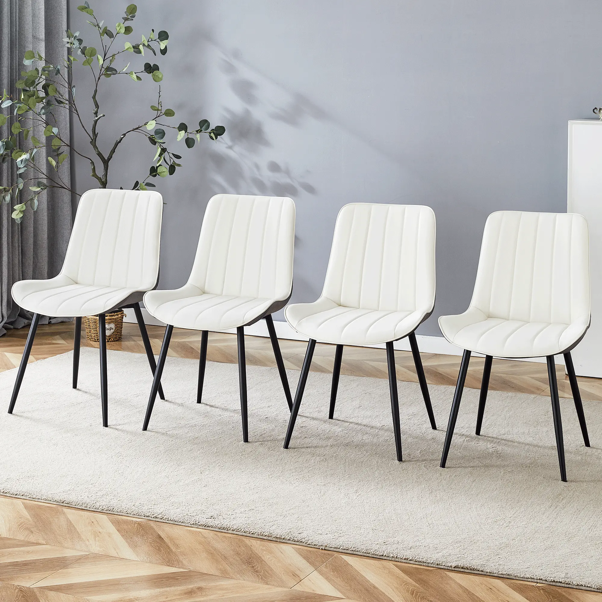4-Piece White & Dark Gray Armless PU Leather Dining Chairs Set - Ergonomic Upholstered Backrest, Extended Cushion, High-Density Foam, Sturdy Metal Legs, Non-Slip Feet, Requires Assembly, for Dining Room, Contemporary Home Decor countertops tools wholesale