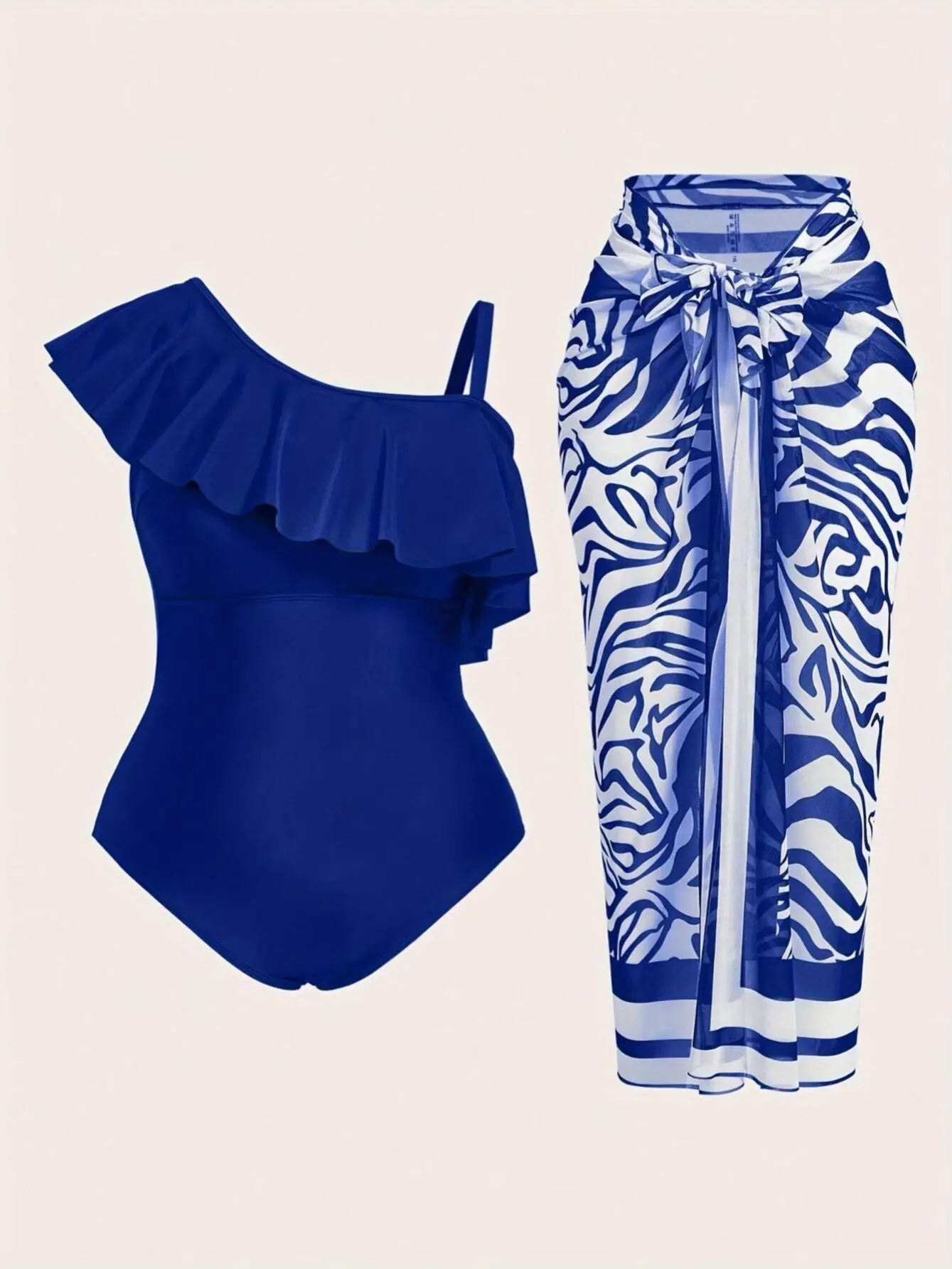 Women's Plus Size 1-Piece Swimsuit with Asymmetric Ruffle, Off-Shoulder Detail & Sheer Zebra-Patterned Sarong Wrap Skirt - Swimsuits with Skirt, Form-Fitting Summer Beachwear, Plus Size Swimsuits