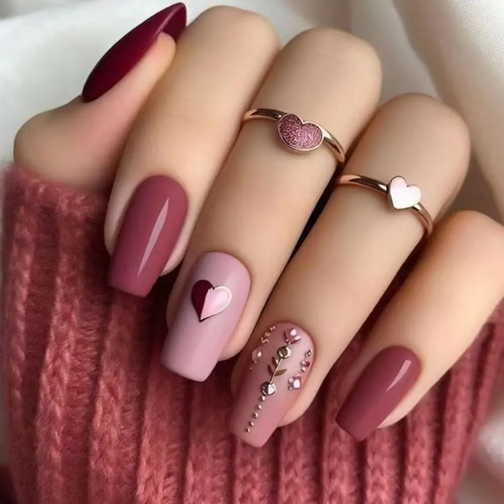 Press On Nails Medium Square - Valentines Nails Press Ons Cute Fake Nails with Heart & Diamond Glossy Simple Design, Acrylic Artificial Stick On Nails for Women