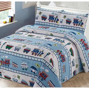 Home Linen 3pc Full/Queen Bedspread Coverlet Quilt Set for Boys Multi-Color Train Choo-Choo Rail Roads Tracks Wagon Blue White Red