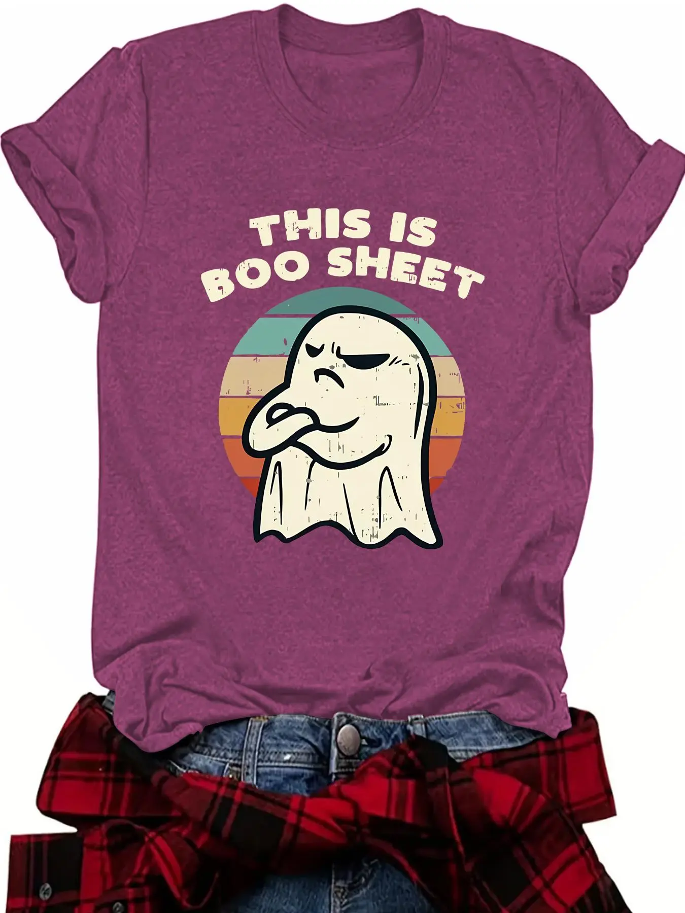 Women's Cartoon Ghost & Letter Print Round Neck Tee, Casual Streetwear, for Daily Holiday Vacation Outdoor Wear, Funny Tshirt, Casual T Shirts, Casual Tee Tops, Top, Halloween