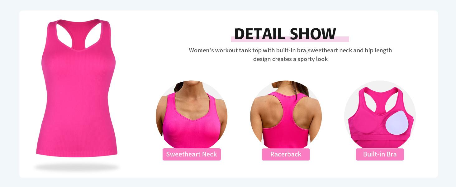 ATTRACO One Piece Built-in Bra Ribbed Sweetheart Neck Seamless Sleeveless Workout Tank Top Basic Slim Fit Tummy Control Tank Casual Top