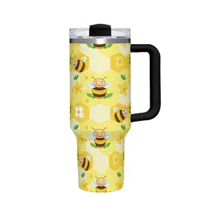 40oz Tumbler with Handle and Straw, Honeycomb pattern with bees and flowers Stainless Steel Insulated Cup Water Bottle, Christmas Holiday Gifts for Women Men