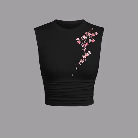 Women's Cherry Blossom Print Floral Round Neck Tank Top, Fashion Casual Sleeveless Cropped Top for Daily Outdoor Wear, Ladies Clothes for Summer, Aesthetics piece