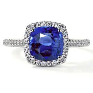 Classic Square Cushion Blue Sapphire Halo Ring with Pave Set Diamonds (2.14cttw)- RBS015-7X7-AAA