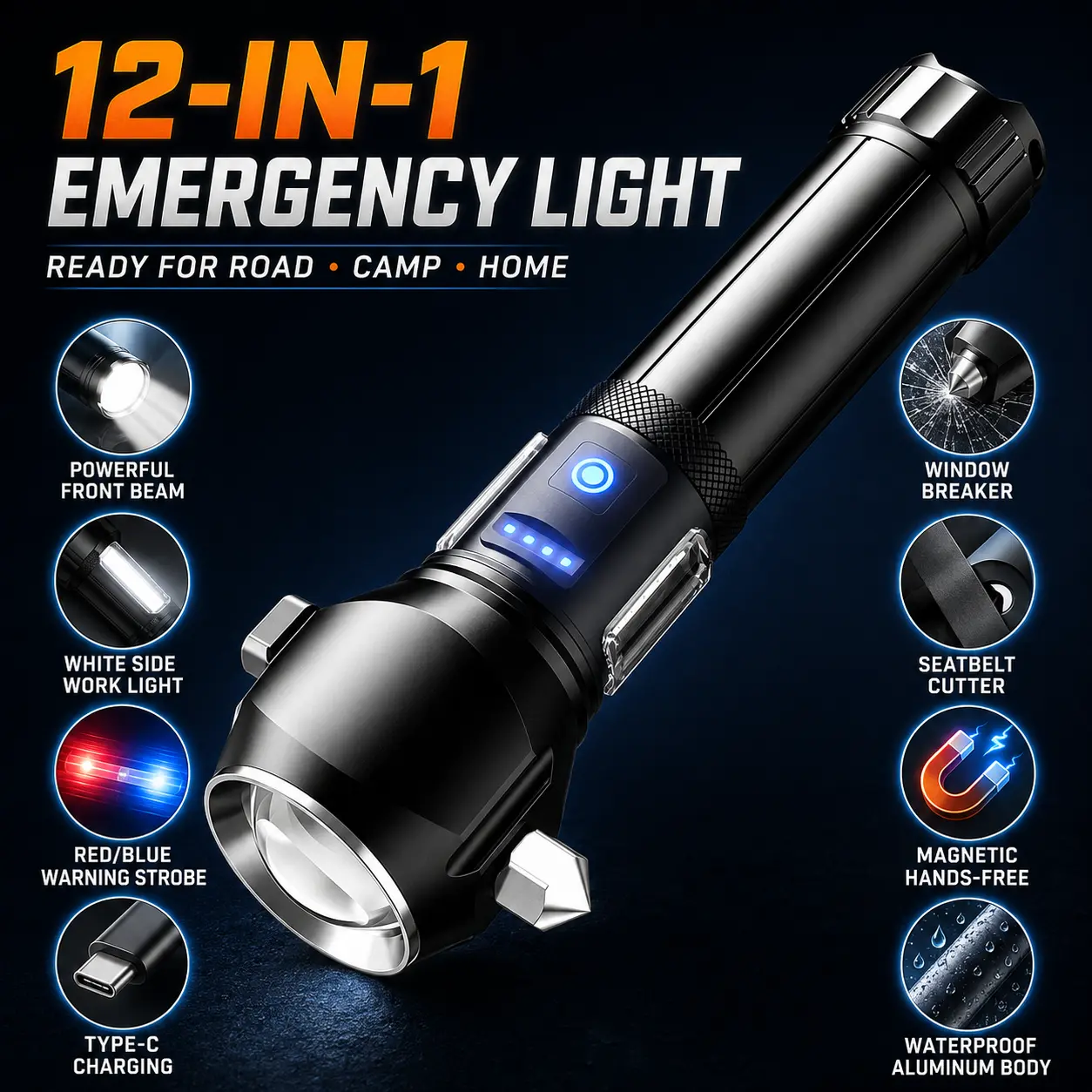 Portable Car Emergency Flashlight with Window Breaker and Seatbelt Cutter, High-Lumen Waterproof Magnetic LED Work Light for Road Trips, Camping and Outdoor Use