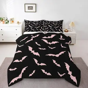 Bat Comforter Set,Halloween Pink Bats Bedding Set,Silhouette Gothic Quilt,Youth Gothic Spooky Bedding Comforter Sets,Black