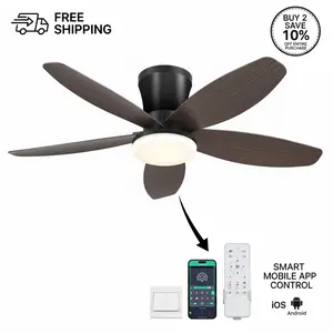 48" Ceiling Fans with Lights-Low Profile Ceiling Fan with Light and Remote/APP Control,Flush Mount,DC Reversible,LED Dimmable Blakc Ceiling Fans for Bedroom,Indoor/Outdoor Patio Use