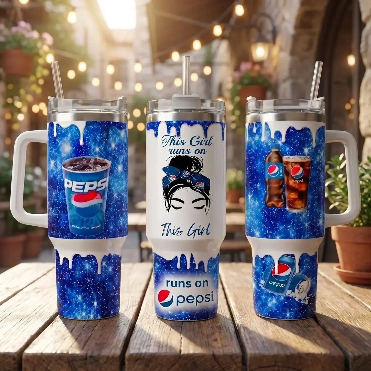Pepsi Blue Glitter Drip Tumbler 40oz with Handle, Messy Bun Girl Silhouette Travel Mug with Straw, Sparkling Galaxy Stainless Steel Cup, Cute Blue Soda Lover Insulated Car Cup, Funny Aesthetic Birthday Gift for Women, Girls
