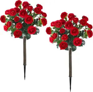 35.5" Set of 2 Artificial Camellia Tree, Faux Red/White Camellia Flowers Plant with Spike Fake Silk Flora Topiary Plants Tree for Indoor, Garden, Yard, Porch, Patio Decoration