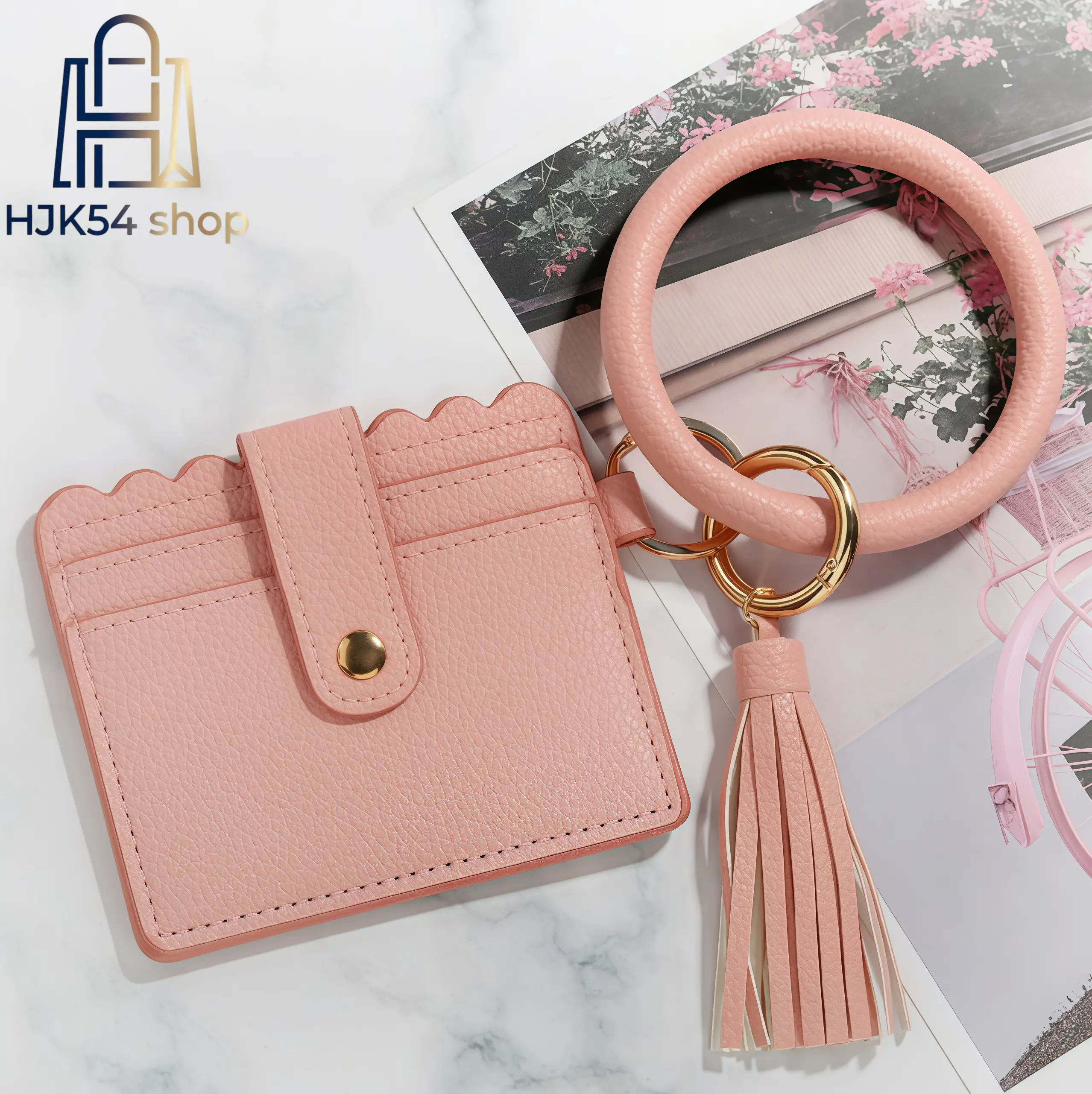 Scalloped Edge PU Leather ID Card Holder with Large Leather Wrist Ring Keychain Tassel Decor Clear Window Multi Card Slot Snap Button Mini Credit Card Case Portable Daily Shopping Travel Ladies Pocket Wallet